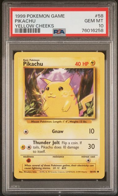 Pikachu (Yellow Cheeks) 58/102 Base Set PSA 10 76016258
