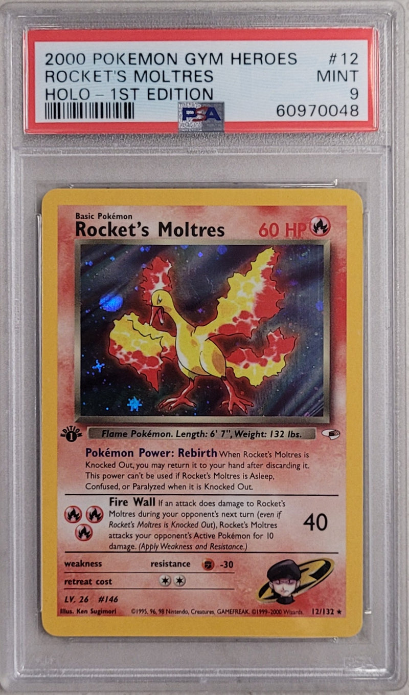 Rocket's Moltres - Holo 12/132 Gym Heroes 1st Edition PSA 9 60970048