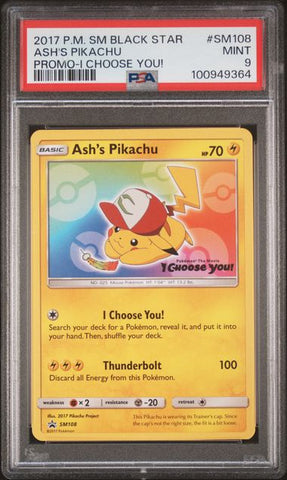 Ash's Pikachu SM108  Sun & Moon Black Star Promo PSA 9 100949364